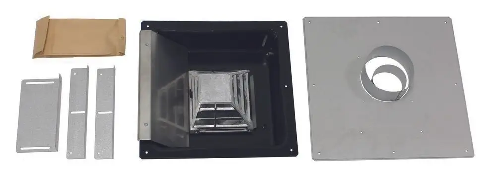 Verschiedene Metallteile für eine Containerdurchführung von Vaillant, darunter ein schwarzer Kasten mit Anschlussöffnung, seitliche Abdeckungen und Verbindungselemente.